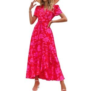 PrettyGarden Red Pink Floral Wrap Maxi Dress Short Sleeve High Low Ruffle Medium